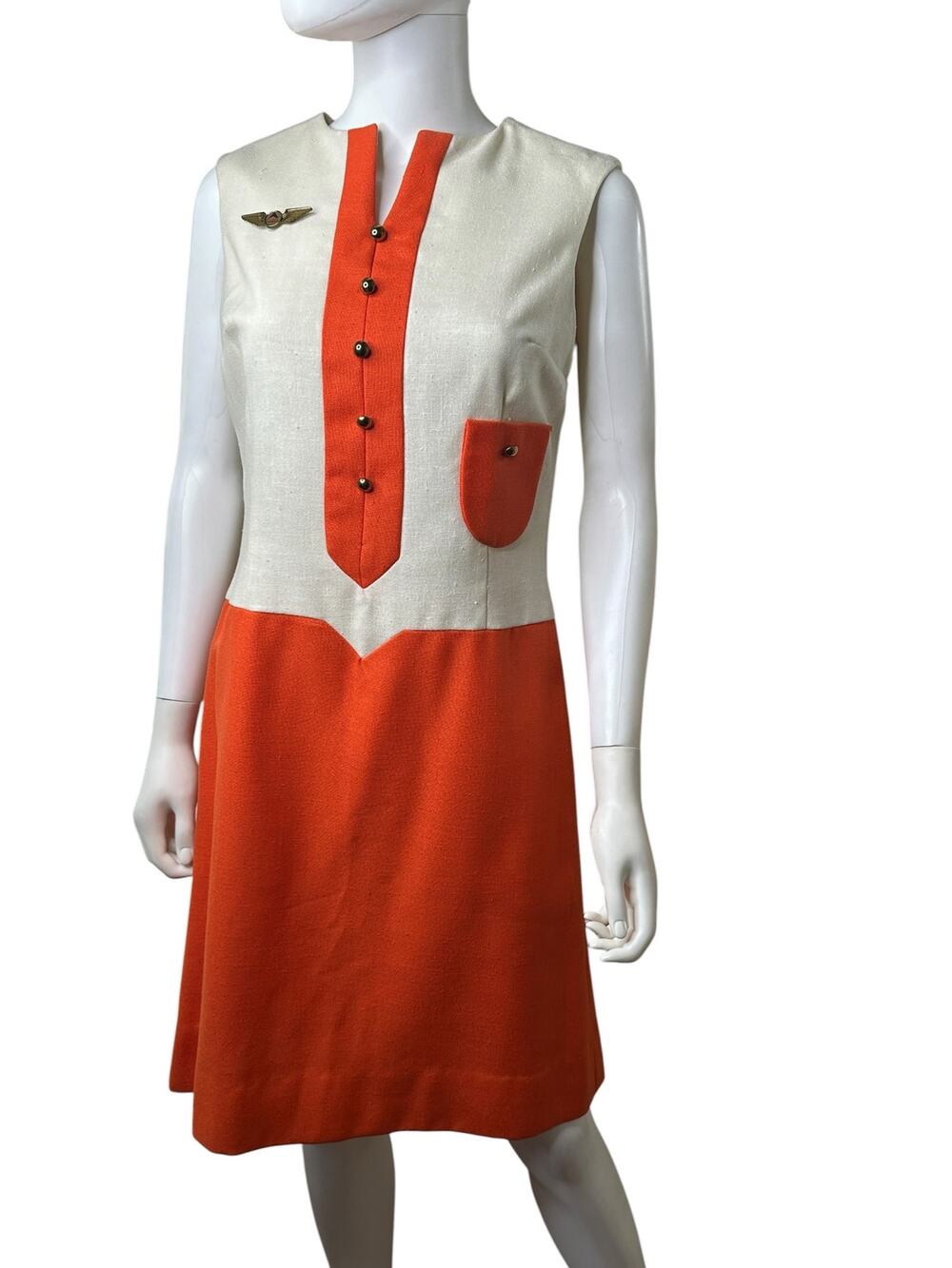 1960s Space Age Stewardess Style Dress Orange Cream Chevron Mod + delta pin wing